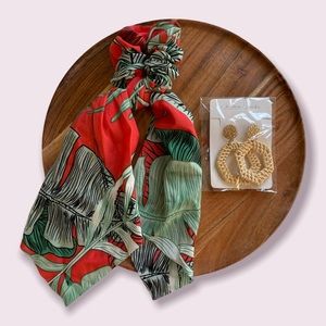 BUNDLE🔥 Rattan Earrings and Floral Satin Scarf Scrunchie